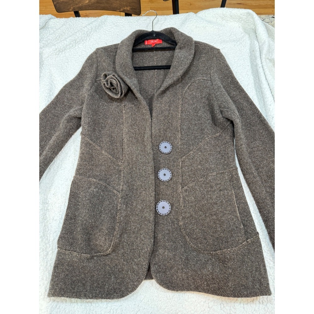 LO RI Made in Italy Wool Blend Rosette Cardigan Jacket Brown Womens Medium